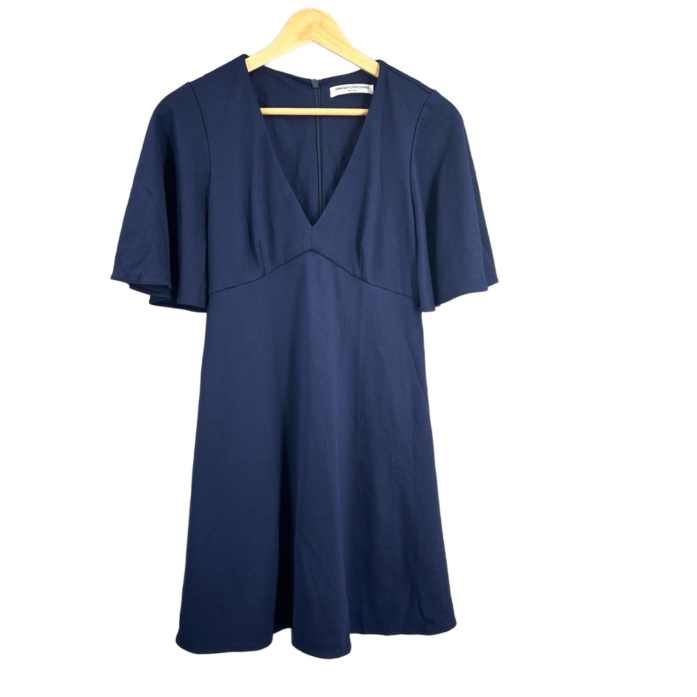 AMANDA UPRICHARD Dress Navy Blue Flutter Sleeve Fit & Flare Stretch Knit S (est)